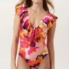 Women Trina Turk Fan Faire Ruffle Plunge One Piece