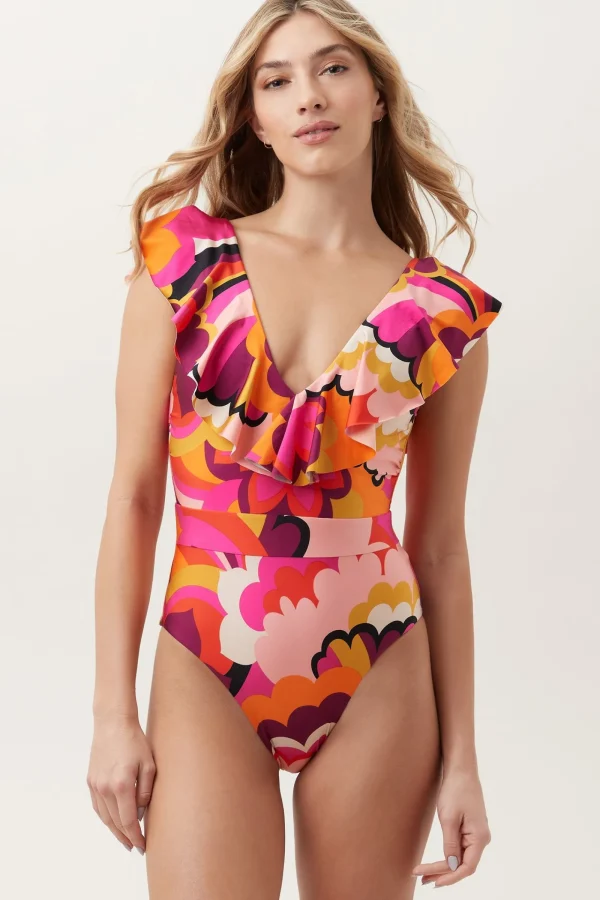 Women Trina Turk Fan Faire Ruffle Plunge One Piece