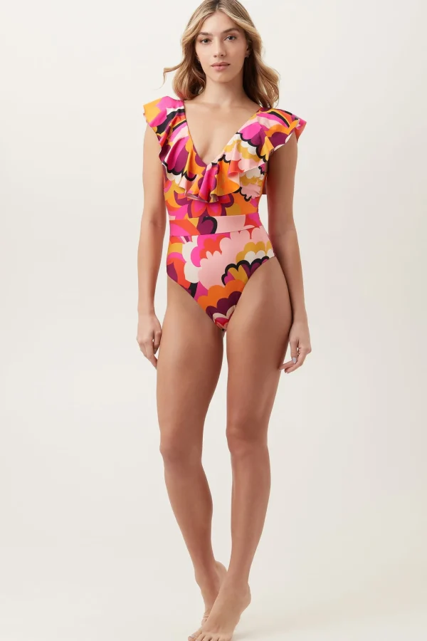 Women Trina Turk Fan Faire Ruffle Plunge One Piece