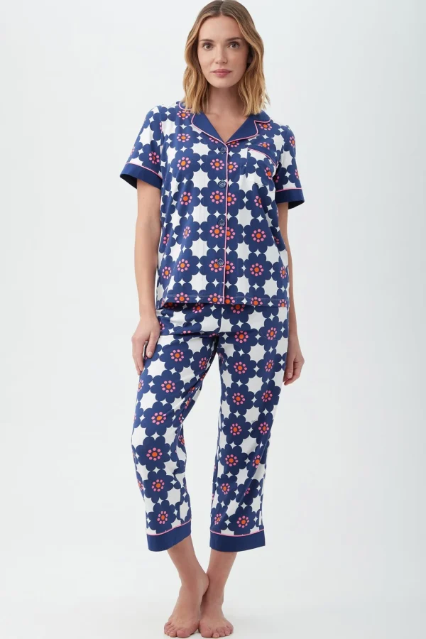 Women Trina Turk Floral Tile Women'S Short Sleeve Cropped Pant Jersey Pj Set