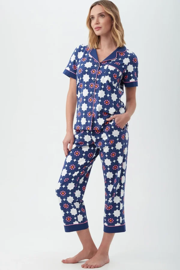 Women Trina Turk Floral Tile Women'S Short Sleeve Cropped Pant Jersey Pj Set