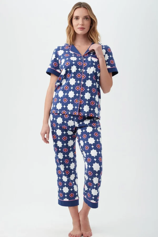 Women Trina Turk Floral Tile Women'S Short Sleeve Cropped Pant Jersey Pj Set