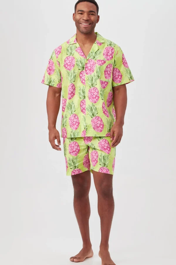 Men Trina Turk Kiwi Pineapple Men'S Short Sleeve Boxer Short Poplin Pj Set