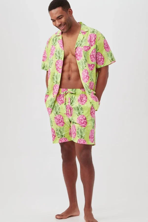 Men Trina Turk Kiwi Pineapple Men'S Short Sleeve Boxer Short Poplin Pj Set