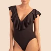 Women Trina Turk Monaco Solids Ruffle Plunge One Piece