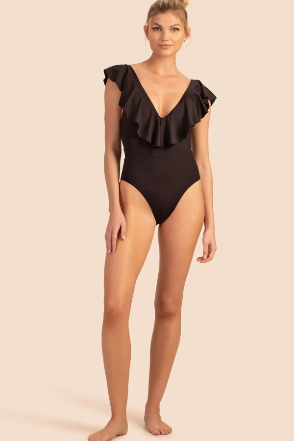 Women Trina Turk Monaco Solids Ruffle Plunge One Piece