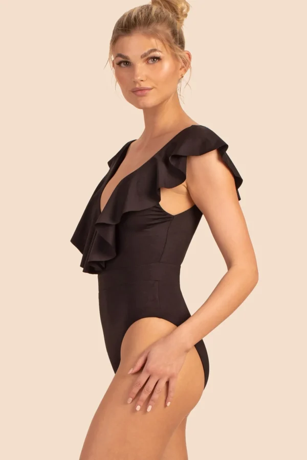 Women Trina Turk Monaco Solids Ruffle Plunge One Piece