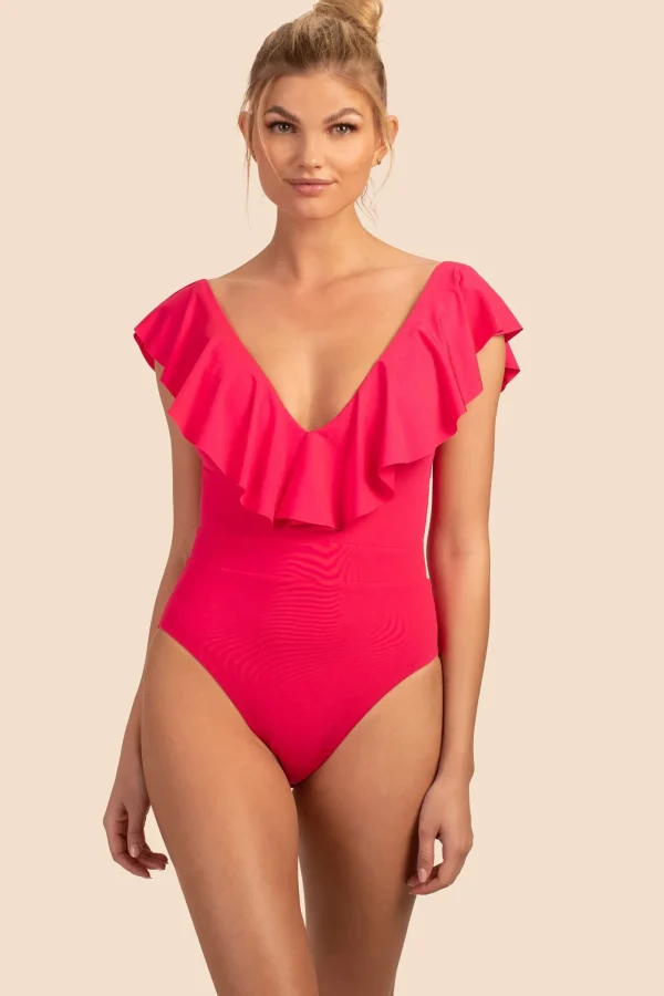 Women Trina Turk Monaco Solids Ruffle Plunge One Piece