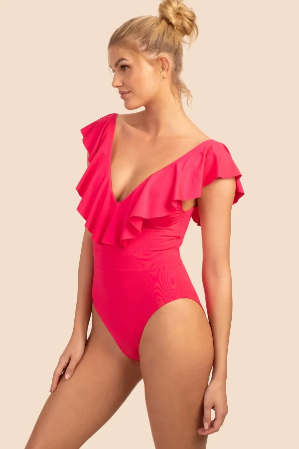 Women Trina Turk Monaco Solids Ruffle Plunge One Piece