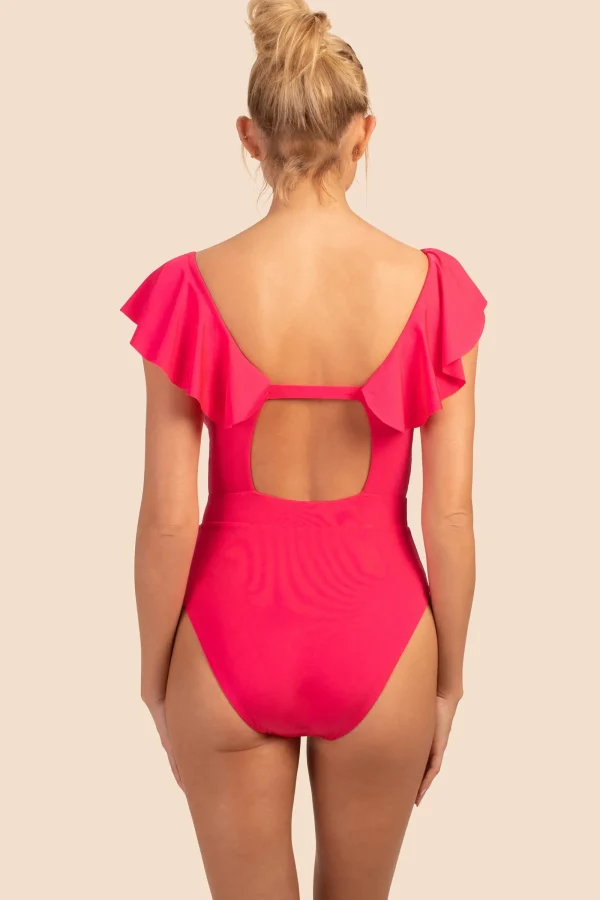 Women Trina Turk Monaco Solids Ruffle Plunge One Piece