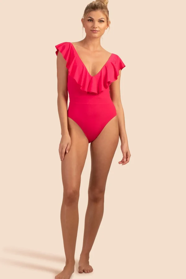 Women Trina Turk Monaco Solids Ruffle Plunge One Piece