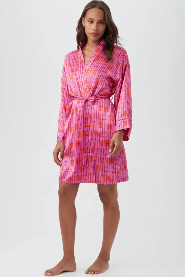 Women Trina Turk Wallpaper Geo Women'S Long Sleeve Short Silk Robe